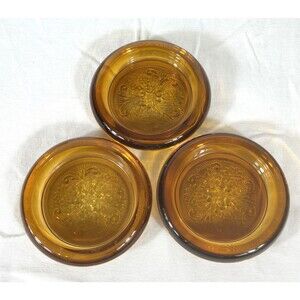 Vintage  Three Tiara Indiana Amber Embossed Sandwich Glass Coasters